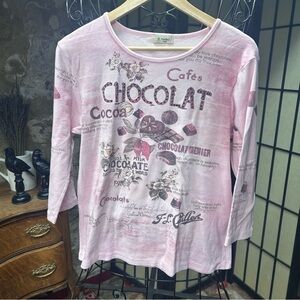 Y2K Cactus 'Chocolat' 3/4 Sleeve Pink/Brown Graphic Print Round Neck Top: LARGE